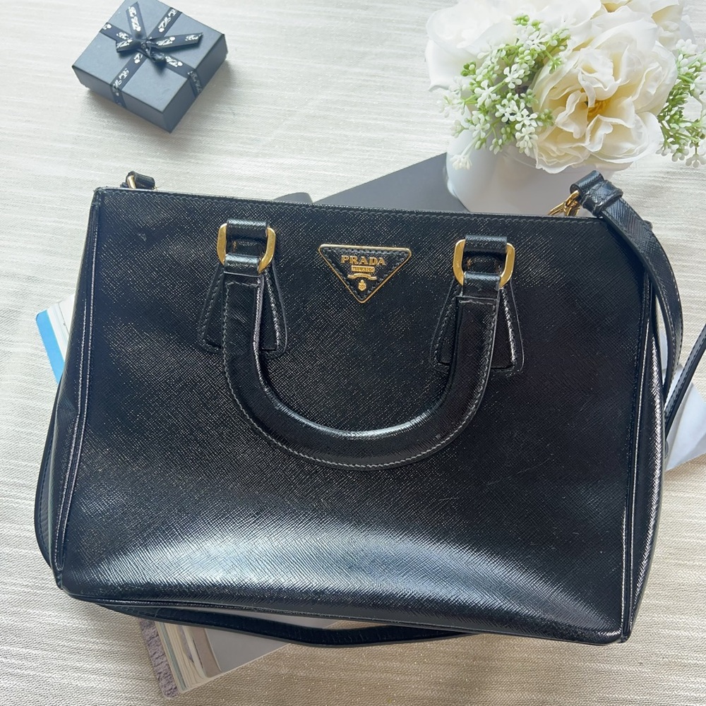 Prada small Shiny Black o Lux Leather Zip Tote